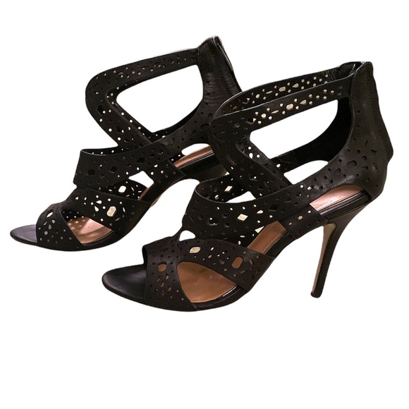 Badgley Mischka Black Laser Cut Strappy Heeled Sandals - 8.5 - Picture 3 of 14